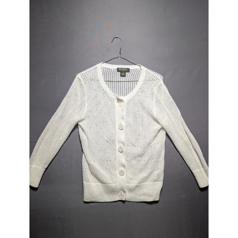 Vintage Eddie Bauer Cardigan Sweater Womens Medium White Open Knit Button Front
